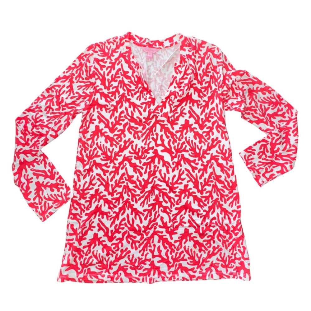 Lilly Pulitzer Tunic Top Coral Orange White Coral Reef Long Sleeve Medium Cotton